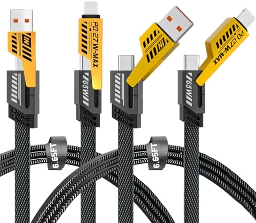 Gartmost 2Pack 4 in 1 Fast Charging Cable, Transferring Data, 6.65 Ft, Braided Cable 65W, USB C USB A and IP, Multiple Charging Cable for Phone/Pad/More