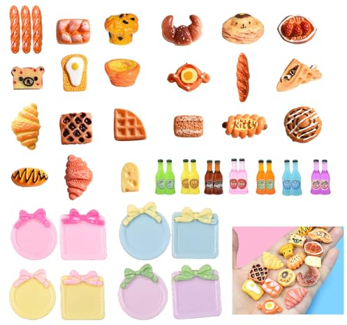 KASESSS 45 Stücke Miniatur Essen, Miniatur Lebensmittel Weinflaschen und Untertasse, Kunstharz Mini Essen, Niedlich Miniature Food, Miniatur Puppenhaus Zubehör Set für Mini Lebensmittel Getränke Party