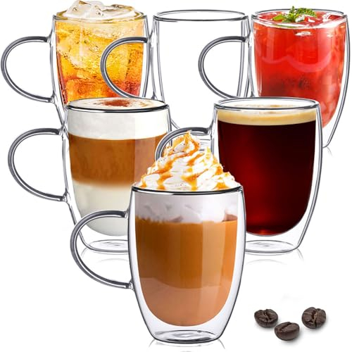 TKNO Set of 6 350ml Double Walled Coffee Glass Mugs with Handle, for Coffee Tea Milk Juice Ice Cream Borosilicate Heat Resistant Glass Tea Cups Mugs 350 ml, Microwave Safe, Ideal for Hot/Cold Drinks