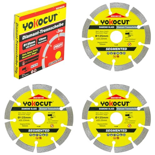 YOKOCUT Diamanttrennscheibe 125mm, Diamant trennscheiben set 3-tlg. universal Trennscheibe für Stein, Beton, Granit, Mauerwerk, Ziegel Zubehör Winkelschleifer