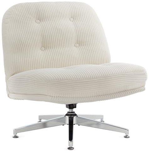 IWMH Bürostuhl ohne Armlehne, Sessel Wohnzimmer mit gekreuzten Beinen, Ergonomischer Drehstuhl mit Extra Stoff großes Kissen, Schreibtischstuhl für Heimbüro,Vanity,Schlafzimmer (Weiß)