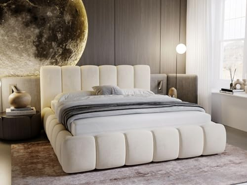GRAINGOLD Cloud Bett 180x200, Polsterbett ohne Bettkasten, Polsterbett mit Stauraum, Samt, mit Lattenrost, mit Kopfteil, ohne Matratze (Beige, 180x200)