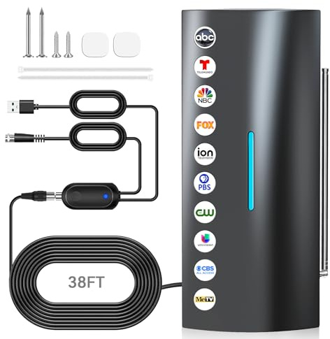 2025 Digital Antenna for Smart TV Indoor/Outdoor with Amplifier, Long Range 360° Reception HD Local Channels Supports 8K, 4K, 1080P for All TVs -38FT Coax Cable