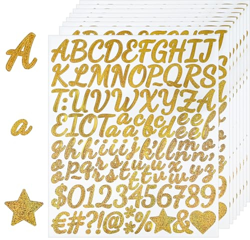 NISENTIA Buchstaben Zahlen Aufkleber 840 Stück/8 Blatt Klebebuchstaben Goldene Glänzende Selbstklebende Buchstaben Vinyl Sticker Buchstaben zum Aufkleben Groß Wetterfest,für Postfach,Schilder,DIY