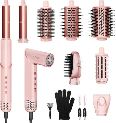 Dryhsip Brosse Soufflante 8 en 1, Air Styler Flexible avec Brosse Chauffante Brushing, Diffuseur et Boucleur, Outil de Coiffure pour Ondulations, Lissage, Volume, Brush, Voyage et Coffret Cadeau