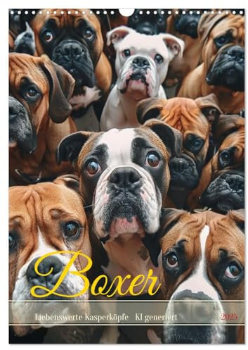 Boxer - Liebenswerte Kasperköpfe (Wandkalender 2025 DIN A3 hoch), CALVENDO Monatskalender: Trollige Samtschnuten mit Herz - KI generiert (CALVENDO Tiere)