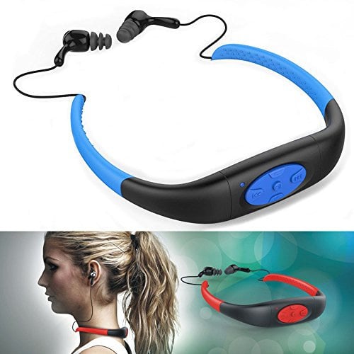 iTecoSky IPX8 Waterproof Underwater Sport MP3 Music Player Neckband Stereo Audio Earphone Headset Headphone Mini Portable Music Player with FM Radio for Diving Swimming Surfing Running etc (4GB, blue)