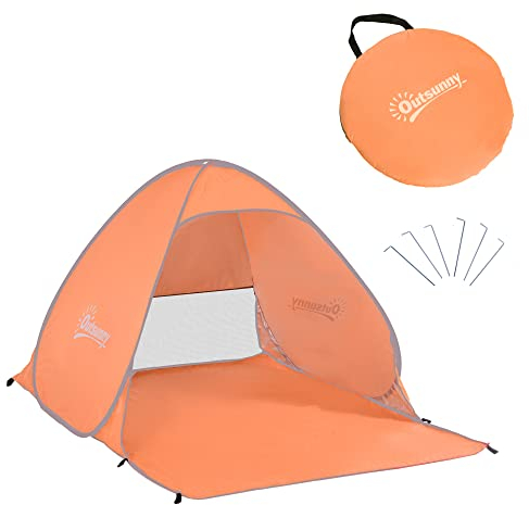 Outsunny Abri de Plage Tente de Plage Pliable Pop-up Automatique instantané Protection UV fenêtre arrière Grand Tapis de Sol Orange