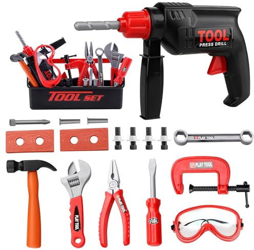 STEAM Life Kids Toddler Tool Set - Toy Tool Set with Electric Toy Drill, Toddler Tool Box, Toy Hammer, Red Manual Drill Tool Play Set - Pretend Play Toy Tools for Kids Ages 3 4 5 6 7 8 Year Old Boy
