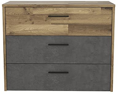 FORTE Ricciano Kommode mit 3 Schubladen, Holzwerkstoff, Stabeiche / Betonoptik Dunkelgrau, 34,8 x 79,9 x 99,8 cm