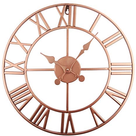 Timelike Stunning Silent Skeleton Indoor/Garden Large Wall Clock Roman Numeral Open Face Metal Clock Round rose gold