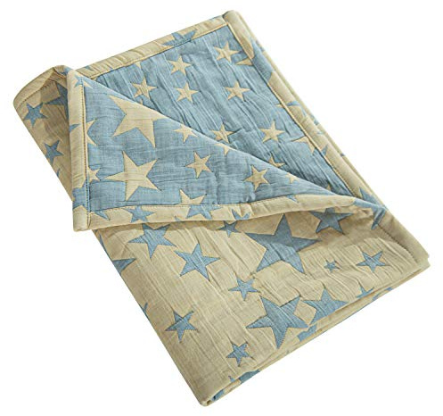 NTBAY 3 Layer Baby Muslin Cotton Toddler Blanket, 76x102 cm Jacquard Reversible Nursery Bed Blanket, Super Soft and Thermal Cot Bed Blanket for All Seasons, Baby Gift, 76x102 cm, Blue Yellow Star