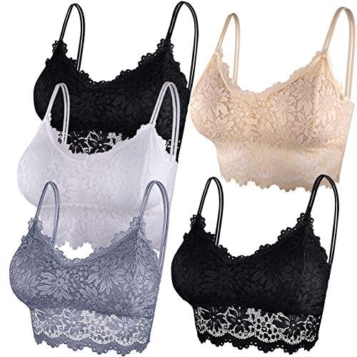 Duufin 5 Pieces Lace Bralette for Women Padded Bralettes Lace Bandeau Bra with Straps and Removable Pads, S-M