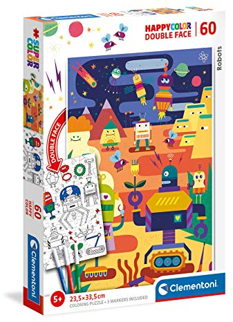 Clementoni 26061 Happy Color Double Face Robots – Puzzle 60 Teile ab 5 Jahren, doppelseitiges Kinderpuzzle mit Bild zum Ausmalen, inkl. 3 Filzstiften, Denkspiel für Kinder