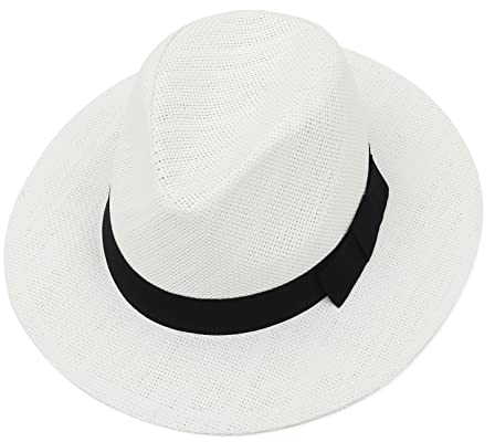 GEMVIE Sombrero de paja de verano de ala ancha Fedora sombrero de sol sombrero de paja para playa Panamá gorra para hombres y mujeres, Blanco, 7-7 1/4