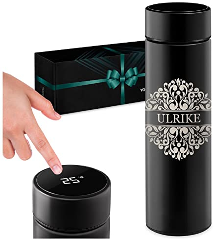 Maverton Thermobecher Kaffeebecher 450 ml - Isolierbecher personalisiert - 100% dicht - Led Temperatur Anzeige - aus Edelstahl - Geschenk für Frauen - schwarz - Verzierung