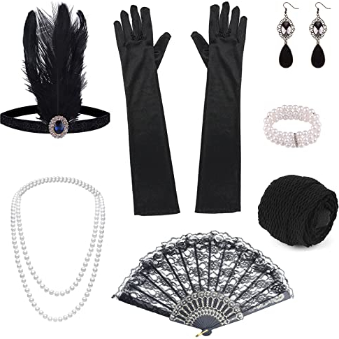 ELECLAND 10-teiliges 1920er Flapper Great Gatsby Accessoires-Set Fashion Roaring 20's Theme Set mit Stirnband, Kopfbedeckung, langen schwarzen Handschuhen, Halskette, Ohrringen für Frauen
