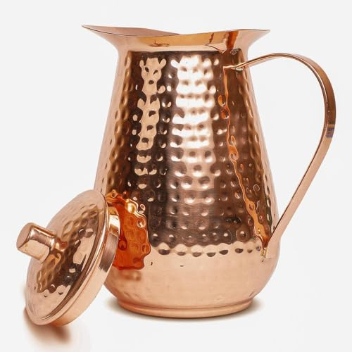 Artisan’s Anvil Copper Pitcher w/Copper Handle and Lid, Pure 100% Hammered Vessel, Heavy Duty Copper Jug, Handmade, 70 fl. Oz, Best for Water, Ayurveda, Moscow Mule, Cocktails