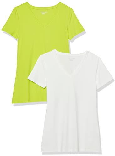 Amazon Essentials Women's Regular-Fit Short-Sleeve V-Neck T-Shirt, Pack of 2, Lime Green/White, XL