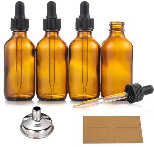 AOZITA 4 Pack, 2 oz Dropper Bottles with 1 Funnel & 4 Labels - 60ml Thick Dark Amber Glass Tincture Bottles with Eye Droppers - Leakproof Essential Oils Bottles