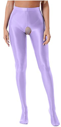 Alvivi Collant Brillant Huile Femme Collant Ouvert Entrejambe Legging Tenue De Danse Ballet Lingerie Pantyhose M-XL Violet Clair XXL