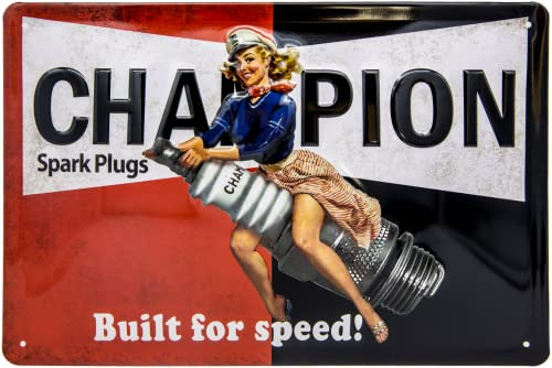 Retro Blechschild - Zündkerze, Werkstatt, Garage, PinUp Girl Vintage Reklame Schild - hochwertig geprägtes Stahlblech - Deko Schild, 3D Effekt - 30 x 20 cm