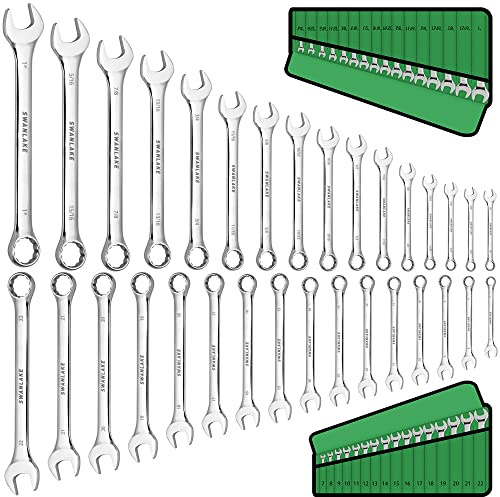 SWANLAKE 32-Piece Combination Wrench Set, SAE and Metric, 1/4-1 & 7mm-22mm, 12 Point, Chrome Vanadium Steel