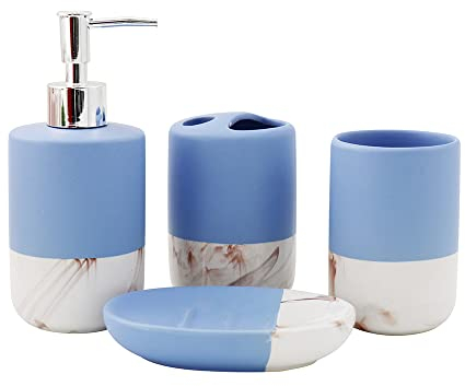 Bargain Shack Durable 4pcs Marble Bathroom Set, Vanity Countertop organizer, Contemporary Accessories set, Tooth Brush Holder, Soap Dispenser, Soap Dish & Tumbler. (Blue)