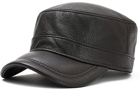 Herren Lammfell Leder Cadet Army Caps Militär Caps Flat Top Cap, A-braun, Einheitsgröße
