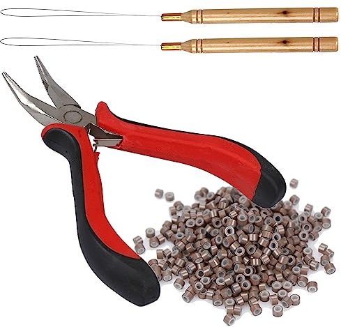 Hair Extensions Tools Kit,Professional Tools With Hair Extension Pliers,Loop Threader and 500 PCS Silicone Line Nano Brown Beads for Extending Hair Wearing Feather Accessories Barber or Diy (Brown)
