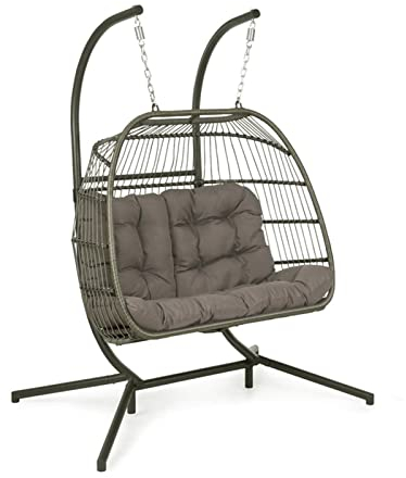 MOLVUS 2 Personen Hängesessel mit Ständer, Hängesessel aus Rattan mit Kissen für Indoor Outdoor Garten