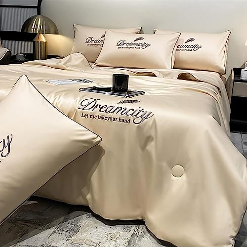 Sommer-Steppdecke Aus Einfacher Eisseide, Premium-Sommerbettdecken Aus Kühler Eisseide, Waschbare Steppdecke Aus Eisseide, Einfache Klimaanlage, Bequeme, Waschbare Bettwäsche (150 * 200CM,Khaki)