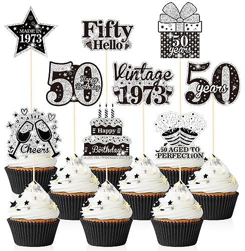 36PCS Schwarz Silber 50. Geburtstag Cupcake Toppers Dekorationen Vintage 1973 Cake Topper Centerpieces Fabulous Cupcake Picks Cheers to 50 Years Cake Decor für 50th Birthday Anniversary Party Supplies