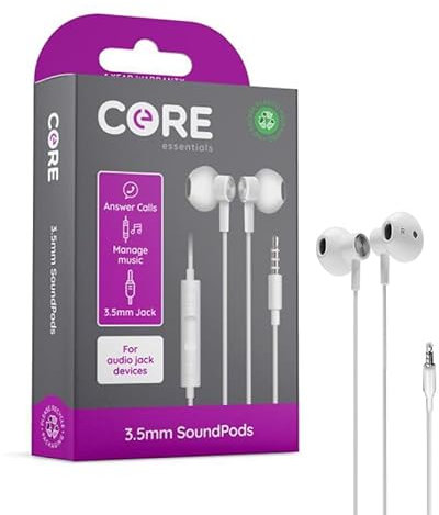 CORE essentials | SoundPods Wired Earphones 3.5mm jack | Microphone and Volume Control | Compatible with most Media Tablets, Portable DVD Players, Audio Players | Clear and Balanced Sound
