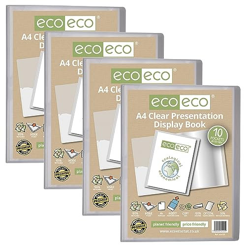 eco-eco Lot de 4 porte-vues transparents à 10 pochettes Format A4 50% recyclé avec pochettes en plastique Eco125 x 4