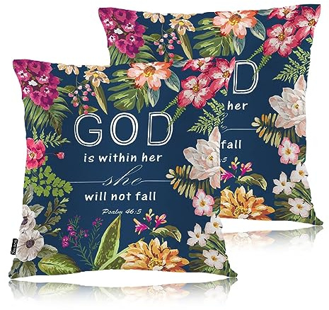 Swono Bible Verses Set of 2 Square 18x18 Inch Throw Pillow Cover God is Within Her She Will Not Fall Cosy Pillowcases Pillow Cushion Covers for Home Sofa Couch Garden Bench Car, Christian Quote