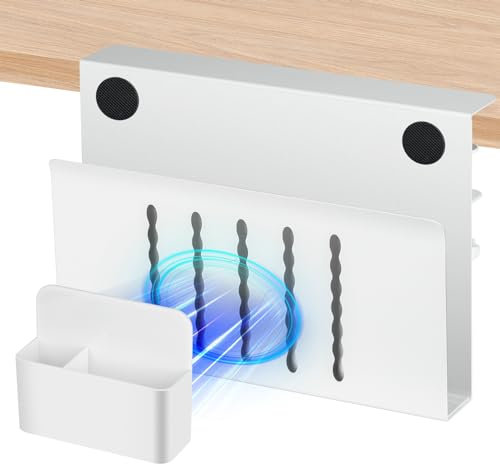 FEIKU Desk Side Storage Holder, Under Desk Laptop Mount With Magnetic Pen Holder,No Drill Under Desk Cable Management Tray,Steel Hanging Desk Storage for Office Organizer Home School White