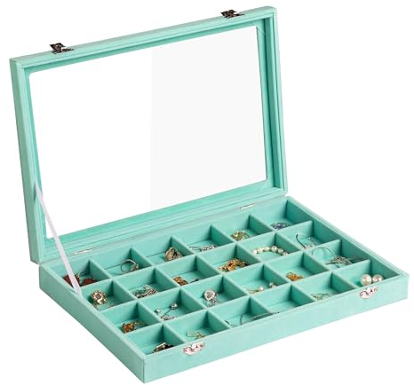 Frebeauty Schmuck-Organizer-Tablett mit transparentem Deckel, 24 Fächer, Samt-Schubladeneinsatz, Schmuck-Aufbewahrungsbox mit transparentem Glasdeckel, Schmuckvitrine mit Schloss, Geschenke für