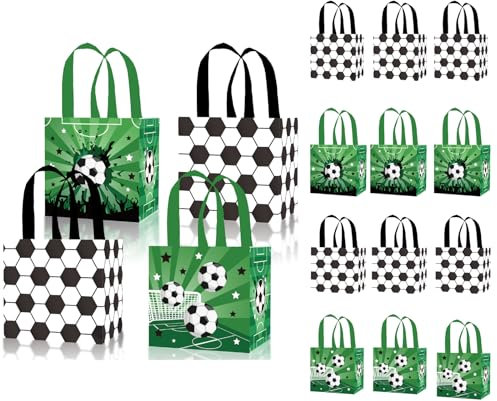 FANOST 12 Stück Fußball Party Geschenktüten mit Griffen, Groß Fußball Kindergeburtstag Tüten, 6 Grüne Fußball Mitgebseltüten, 6 Weiße Fußball Süßigkeitstüten, Fussball Partytüte für Jungen und Mädchen