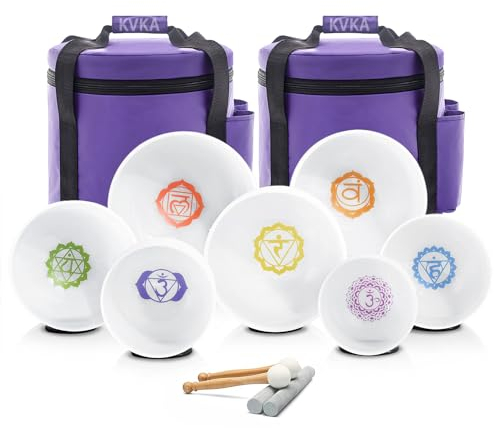 KVKA Set of 7pcs Chakra Design Frosted Quartz Crystal Singing Bowl 6-12 inch Sound Healing Bowl with Carrying Case