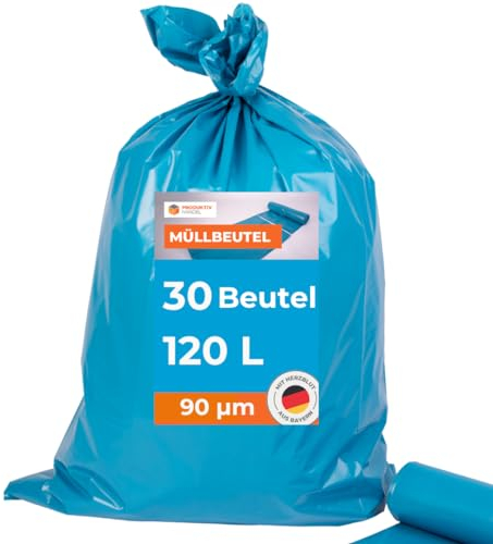 Müllsäcke 30 Stück - 2 Rollen | 120l extra starke blaue Müllbeutel | stabile Abfallsäcke 90µm | 100% Recyclinganteil | sehr reißfest & wasserdicht
