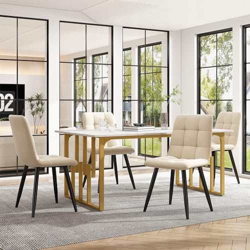 Zelquyx Esstisch 140x80x75cm, moderner Küchentisch, Marmoroptik Weiß Furniture,Weiß/Golden Metallgestell, V-förmige Stützbeine, verstellbare Füße (E-förmig/Golden)