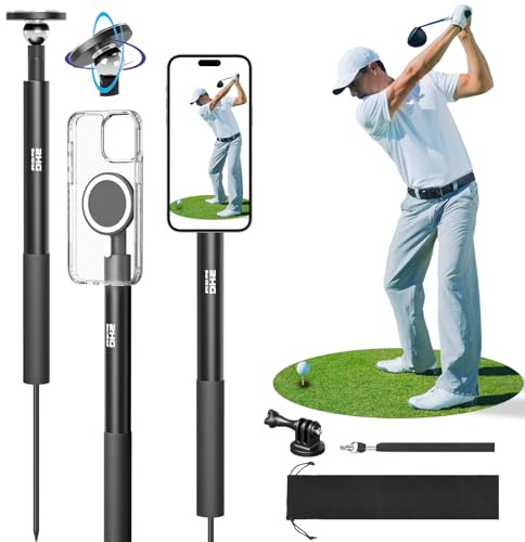 Golf Monopod Stick, Golf Swing Phone Holder, 46 Magnetic Aluminum Alloy Selfie Stick w/Spike Stake Mount, Compatible w/iPhone Camera Magsafe, Adjustable Heigh Tripod, Golf Training Aid