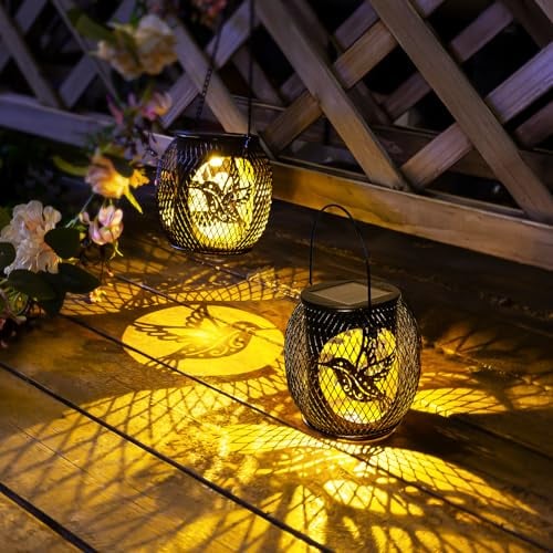 Solarlampen für Außen, Solar Laternen IP65 2 STÜCK, laternen für draußen Wasserdicht Metall Hängend Solarleuchten für Außen Garten Deko Draußen Hinterhöfe Balkon Beleuchtung (Kolibri B | 2 stück)