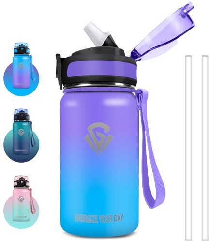 Grsta Gourde Isotherme, 500ml Gourde Enfant, Gourde Inox avec Paille, Gourde Metal Sans BPA, Facile à Nettoyer, Gourde Reutilisable Anti-Fuite, Bouteille d'eau pour Running, École, Bureau, Foot