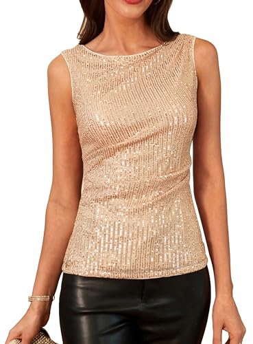 GRACE KARIN Damen Funkelndes Pailletten Top Partyoberteil Ärmellos Rundhals Weste Ausgehen Champagnergold S