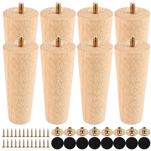LDXDRU 8 Stück 12cm Eiche Möbelbeine Holz Möbelfuß Massivholz Holzfüße für Möbel mit Montageplatten, Schrauben und Gummipads, Holz Tischbeine Möbelfüße für Sofa Bett Schrank Couch Ottomane