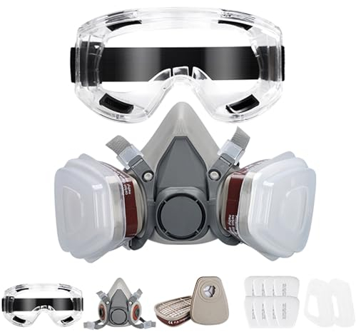 Powzdi Máscara Respiradora, Respirador Mascarilla de Protección Respiratoria Reutilizable Máscara De Gas Con Filtro Completa Con Gafas Protectoras Espejo Antivaho Apto para Agricultura Construcción