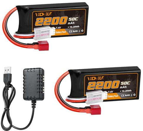 VICMILE 7.4V Lipo Akku 2200mAh 2S 50C High Discharge Rate Lipo Battery with Deans T Plug RC Battery Fit for DEERC WLtoys and Most 1/10, 1/16, 1/18, 1/24 Scale RC Cars Trucks with 1TO2 Charger