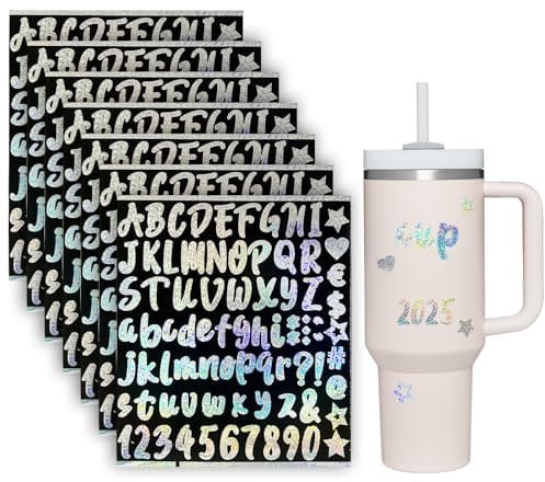 Bliceon 7 Sheets Colorful Glitter Vinyl Letter Stickers, Waterproof Adhesive Alphabet for Scrapbooking, Water Bottles, Cups - Capital and Small Letter Stickers for Personalization & Crafting